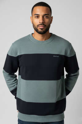 Pazarium - Yatay Çizgili Selanik Erkek Sweatshirt Petrol