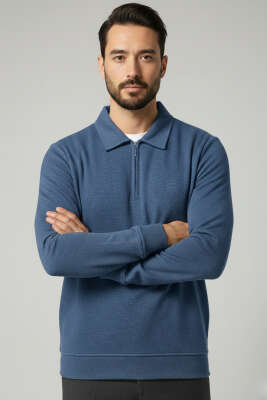 Pazarium - Yaka Detaylı Yarım Fermuar Selanik Erkek Sweatshirt Mavi