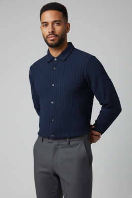 Pazarium - Jakar Desenli Erkek Gömlek Lacivert