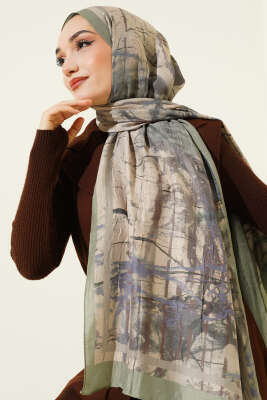 Baskı Desen Bambu Kraş Şal Çağla Yeşili - Thumbnail