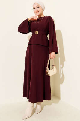 Pazarium - Gold Aksesuarlı Fitilli Etekli İkili Takım Mürdüm