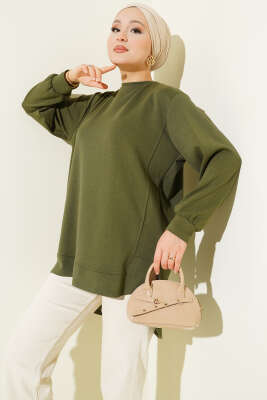 Pazarium - Loyşa Oval Kesim Oversize Tunik Haki