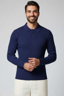 Pazarium - Yarım Düğmeli Fitilli Triko Erkek Kazak Lacivert