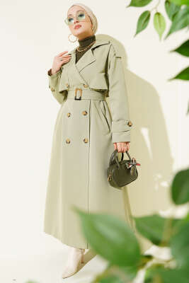 Pazarium - Kruvaze Pelerinli Kuşaklı Trençkot Çağla Yeşili