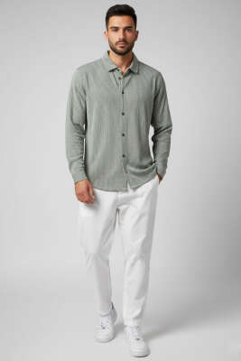 Jakarlı Çizgili Erkek Gömlek Haki - Thumbnail