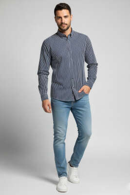 Jakarlı Çizgili Erkek Gömlek Lacivert - Thumbnail