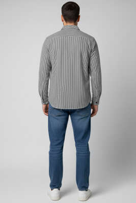 Jakarlı Çizgili Erkek Gömlek Siyah - Thumbnail