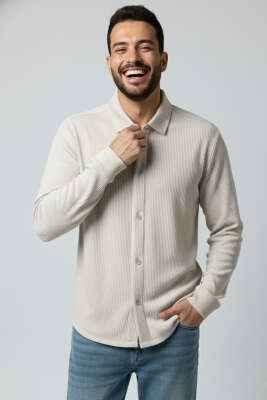 Jakarlı Çizgili Erkek Gömlek Taş - Thumbnail