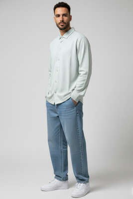 Jakarlı Çizgili Erkek Gömlek Yeşil - Thumbnail