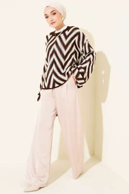 Zikzak Desen Ajurlu Triko Kazak Kahve - Thumbnail