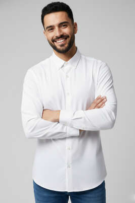 Pazarium - Jakarlı Süprem Erkek Gömlek Ekru