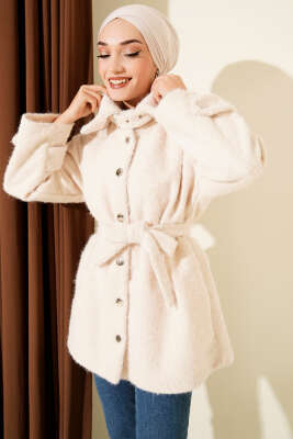 Pazarium - Düğmeli Gömlek Yaka Keçe Ceket Taş