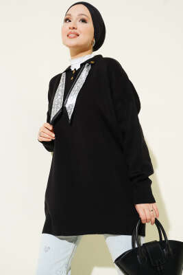 Pazarium - Gömlek Yaka Fularlı Triko Tunik Siyah
