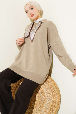 Pazarium - Gömlek Yaka Fularlı Triko Tunik Latte