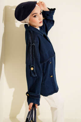 Pazarium - Kol Apoletli Kuşaklı Kot Trençkot Mavi