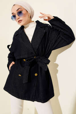 Pazarium - Kol Apoletli Kuşaklı Kot Trençkot Lacivert