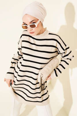 Pazarium - Yatay Çizgi Detaylı Basic Triko Tunik Bej