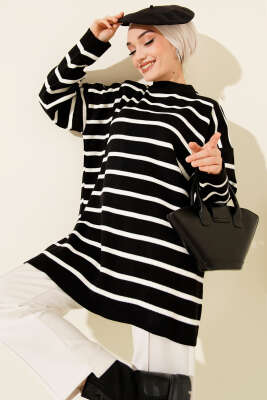 Pazarium - Yatay Çizgi Detaylı Basic Triko Tunik Siyah