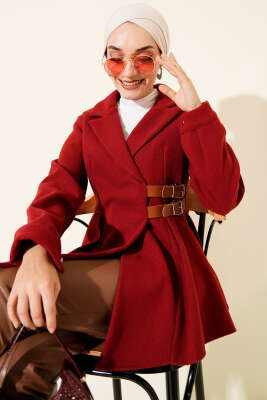 Pazarium - Kemer Detaylı Kaşe Ceket Bordo