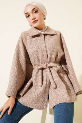 Pazarium - Gömlek Yaka Kuşaklı Kaşe Panço Vizon