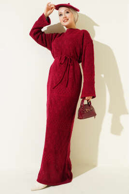 Pazarium - Baklava Desen Ajurlu Triko Elbise Bordo