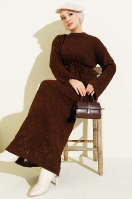 Pazarium - Baklava Desen Ajurlu Triko Elbise Kahve