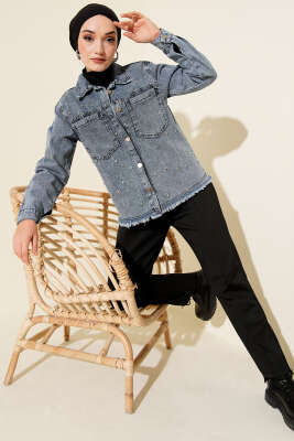 Sıra Taşlı Püsküllü Kısa Kot Ceket Kot Mavisi - Thumbnail