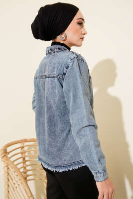 Sıra Taşlı Püsküllü Kısa Kot Ceket Kot Mavisi - Thumbnail