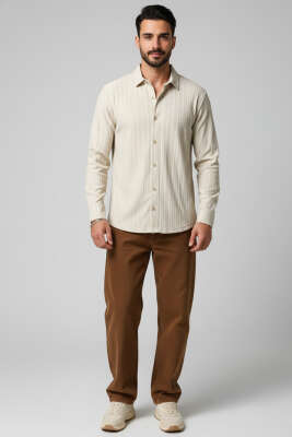 Kabartma Çizgili Jakar Erkek Gömlek Bej - Thumbnail