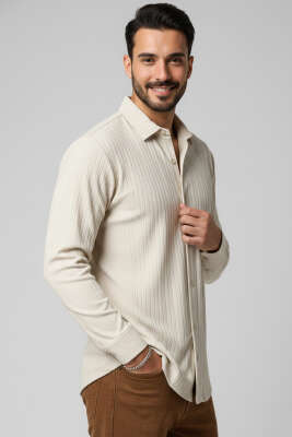 Pazarium - Kabartma Çizgili Jakar Erkek Gömlek Bej