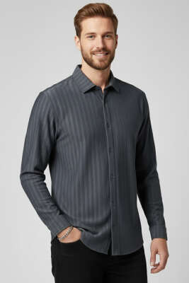 Pazarium - Kabartma Çizgili Jakar Erkek Gömlek Füme