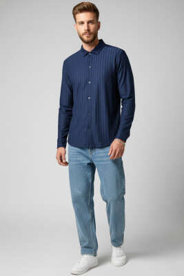 Kabartma Çizgili Jakar Erkek Gömlek Lacivert - Thumbnail