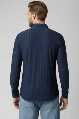 Kabartma Çizgili Jakar Erkek Gömlek Lacivert - Thumbnail