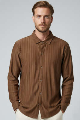 Pazarium - Kabartma Çizgili Jakar Erkek Gömlek Taba