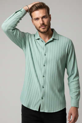 Pazarium - Kabartma Çizgili Jakar Erkek Gömlek Yeşil
