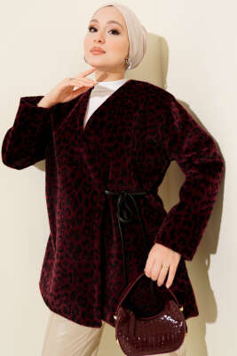 Pazarium - Leopar Desenli Yan Bağlamalı Goldfox Ceket Bordo