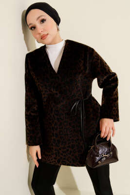 Pazarium - Leopar Desenli Yan Bağlamalı Goldfox Ceket Acı Kahve