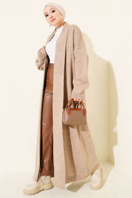 Pazarium - Şal Yaka Basic Uzun Triko Hırka Latte