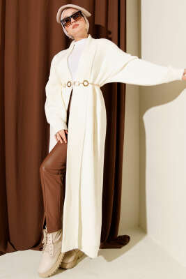 Pazarium - Şal Yaka Basic Uzun Triko Hırka Ekru