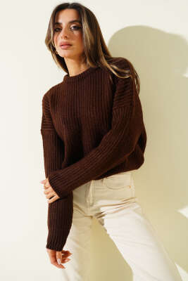 Selanik Örgü Kısa Triko Yumoş Kazak Kahve - Thumbnail