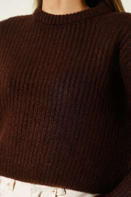 Selanik Örgü Kısa Triko Yumoş Kazak Kahve - Thumbnail