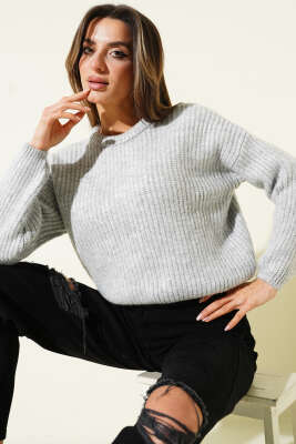 Selanik Örgü Kısa Triko Yumoş Kazak Gri - Thumbnail