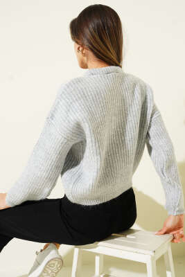 Selanik Örgü Kısa Triko Yumoş Kazak Gri - Thumbnail