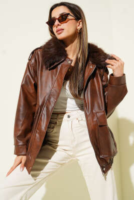 Gömlek Yaka Kürklü Deri Mont Kahve - Thumbnail