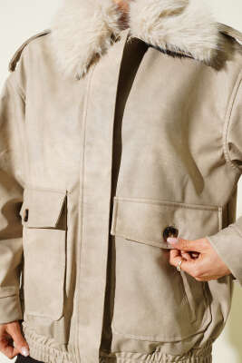 Gömlek Yaka Kürklü Deri Mont Taş - Thumbnail