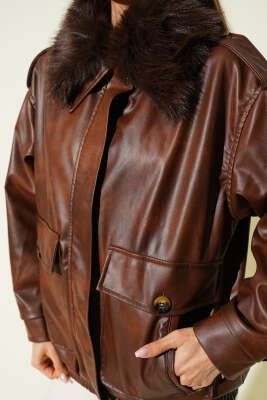 Gömlek Yaka Kürklü Deri Mont Kahve - Thumbnail