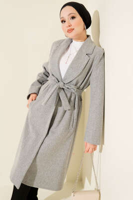 Pazarium - Kruvaze Yaka Cepli Kaşe Kaban Gri