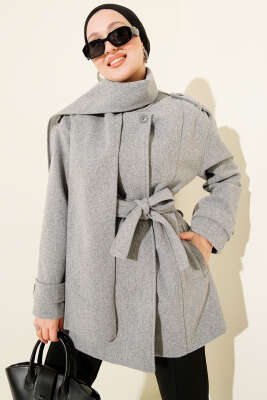 Pazarium - Omuz Apoletli Atkılı Kaşe Kaban Gri