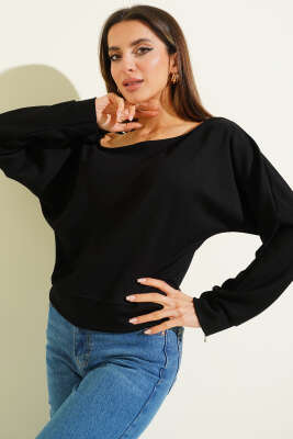 Pazarium - Geniş Yaka Loyşa Bluz Siyah