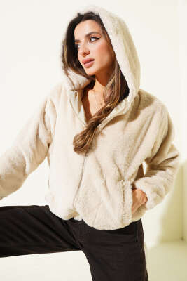 Pazarium - Yumoş Peluş Kapüşonlu Hırka Bej